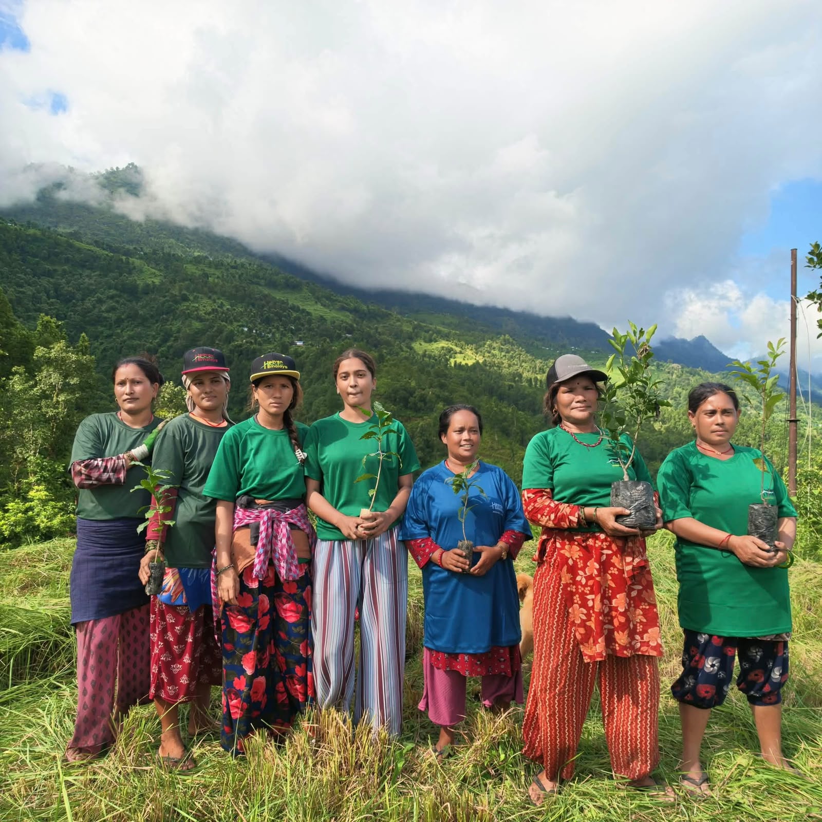 Group of Heaven Himalaya team with local villagers ready to plant trees during the Tree Plantation Program